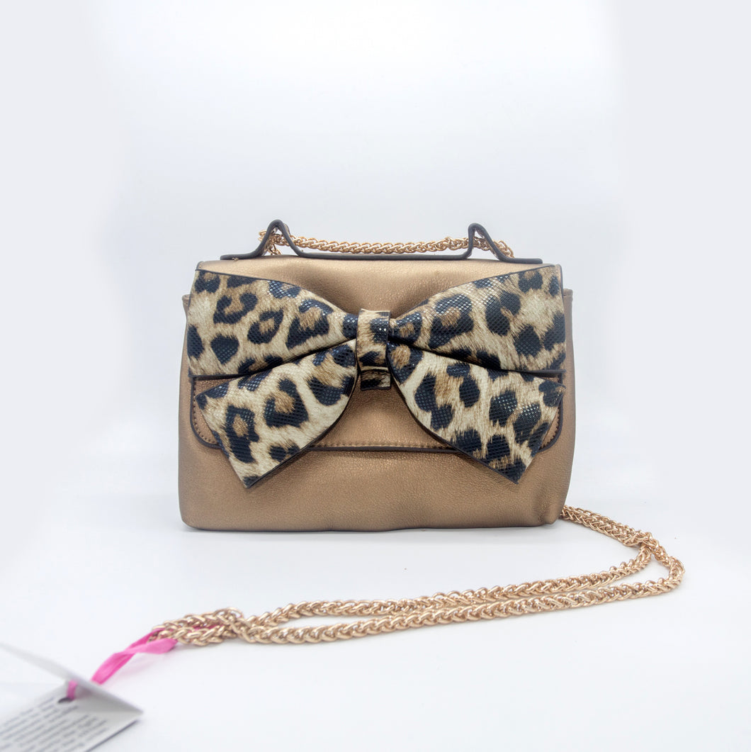 Leather Hand Bag with Leopard Bow